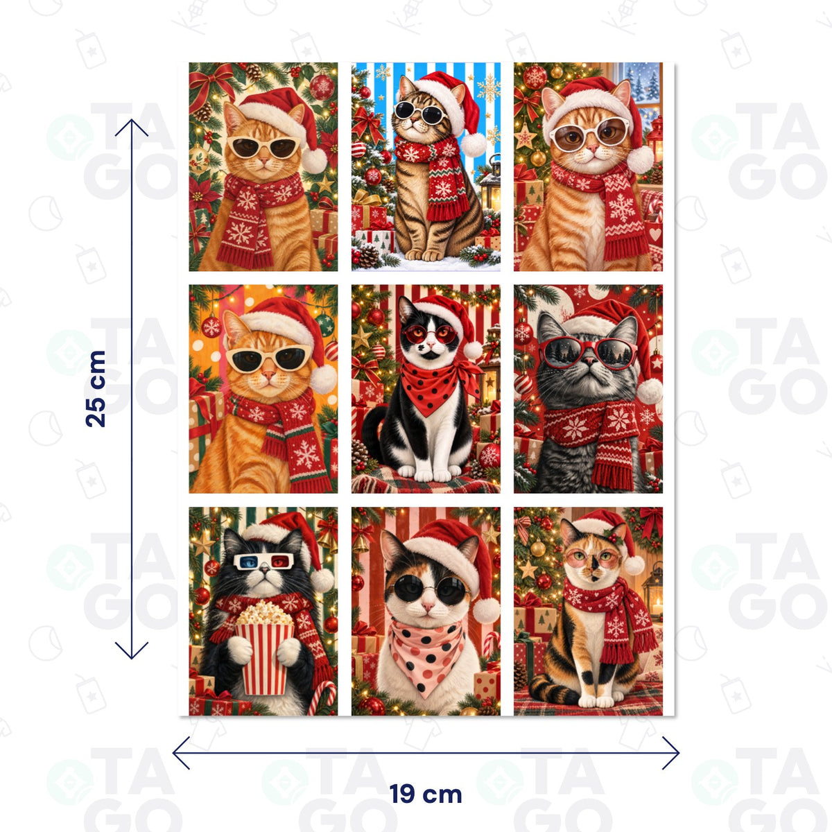 Lámina de Transfer DTF UV Gatos navideños, 19 × 25 cm, con 9 stickers