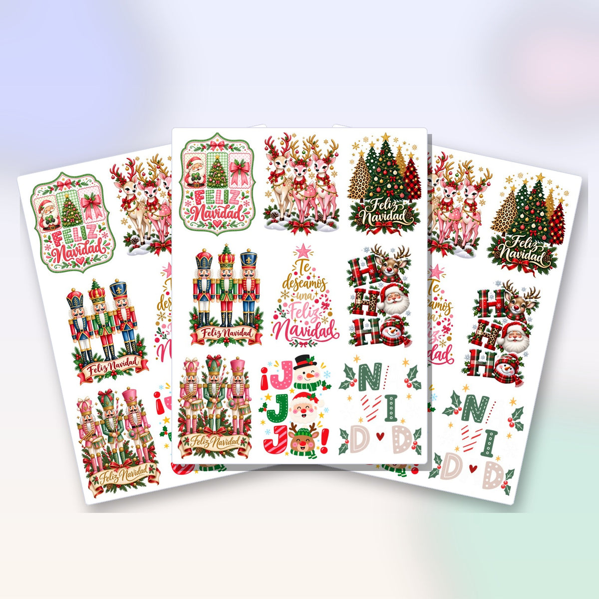 Las 3 láminas de Transfer DTF UV Navidad clásica que trae el pack