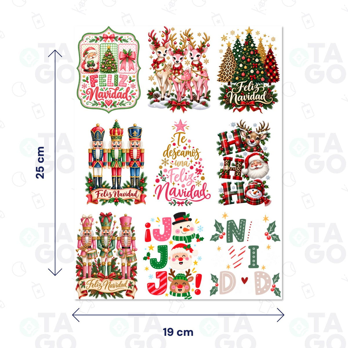 Lámina de Transfer DTF UV Navidad clásica, 19 × 25 cm, con 9 stickers