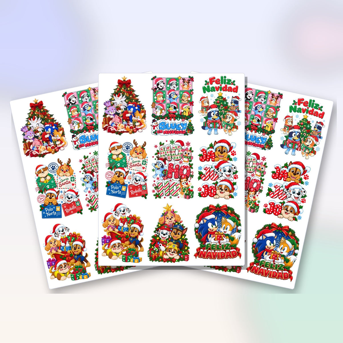 Las 3 láminas de Transfer DTF UV Navidad Personajes que trae el pack
