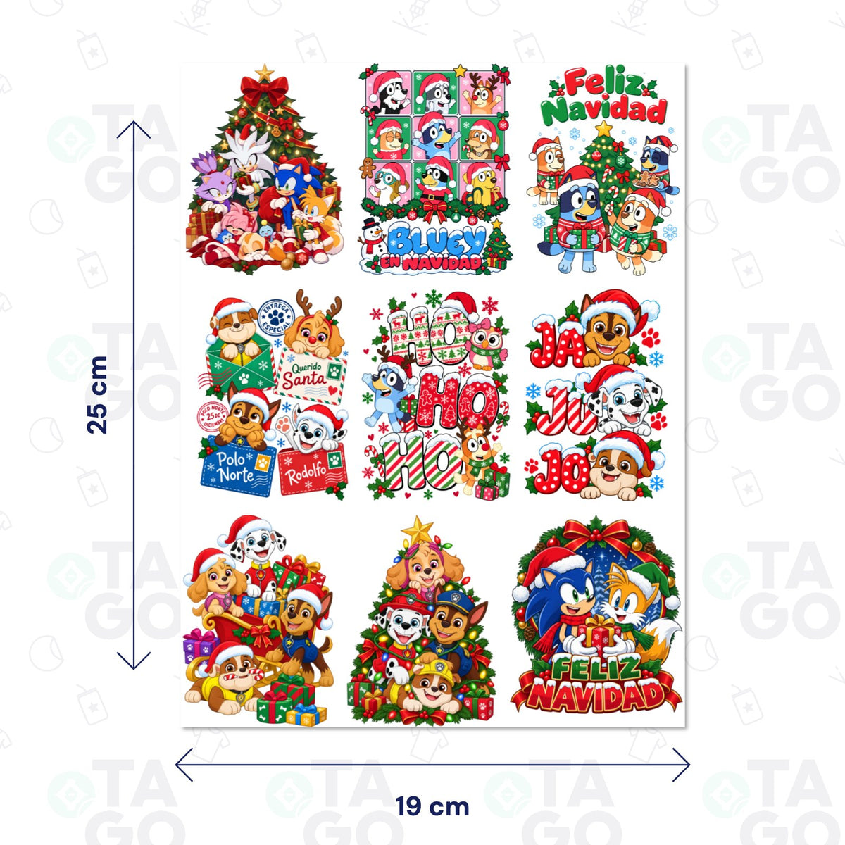 Lámina de Transfer DTF UV Navidad Personajes, 19 × 25 cm, con 9 stickers