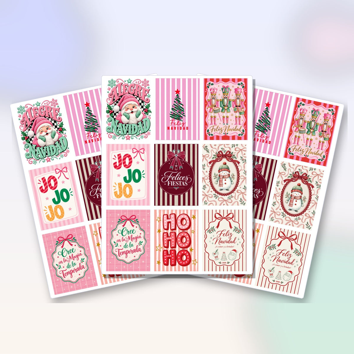 Las 3 láminas de Transfer DTF UV Navidad rosa que trae el pack