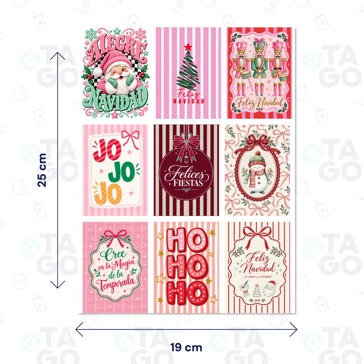 Lámina de Transfer DTF UV Navidad rosa, 19 × 25 cm, con 9 stickers