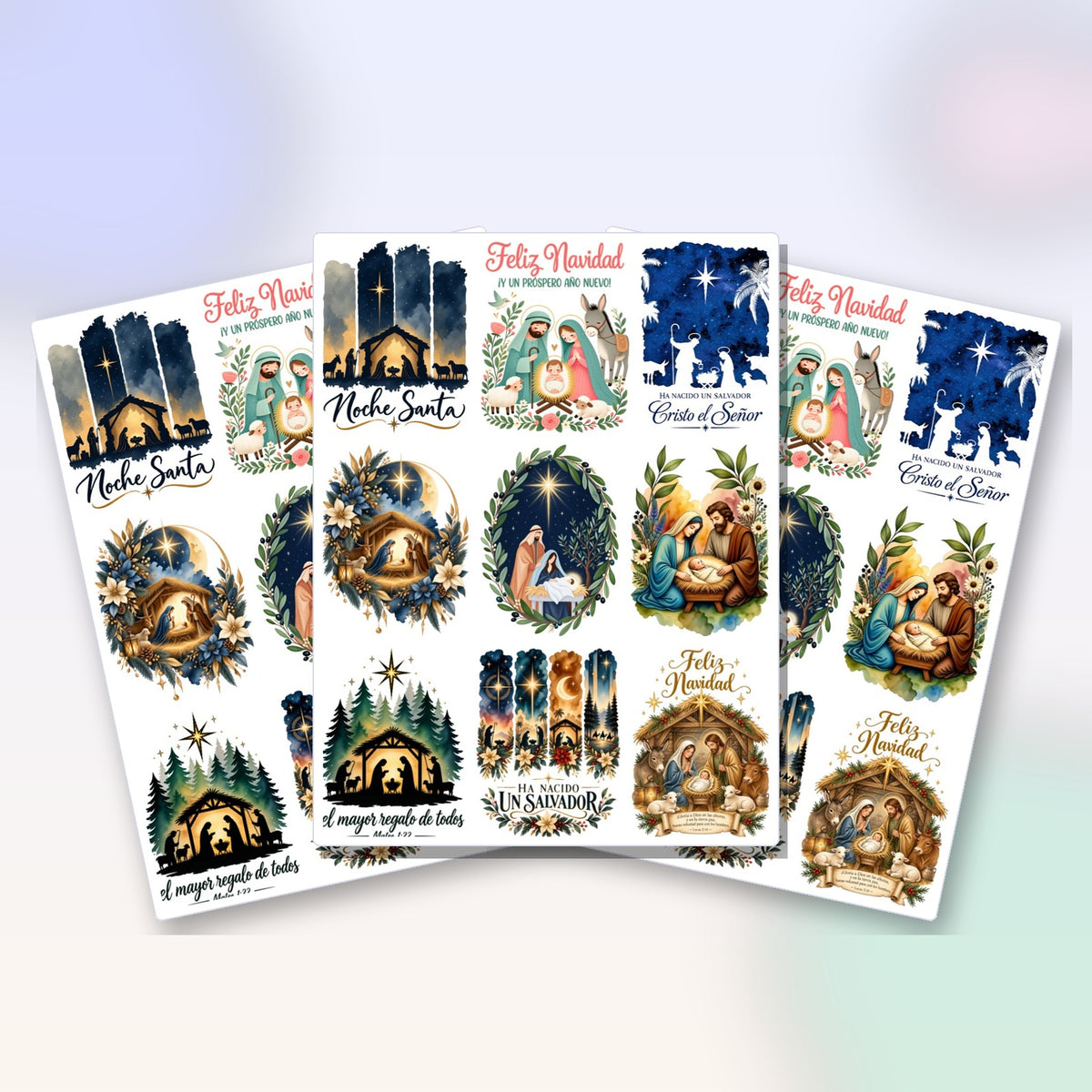 Las 3 láminas de Transfer DTF UV Pesebre de Navidad que trae el pack