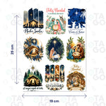 Lámina de Transfer DTF UV Pesebre de Navidad, 19 × 25 cm, con 9 stickers