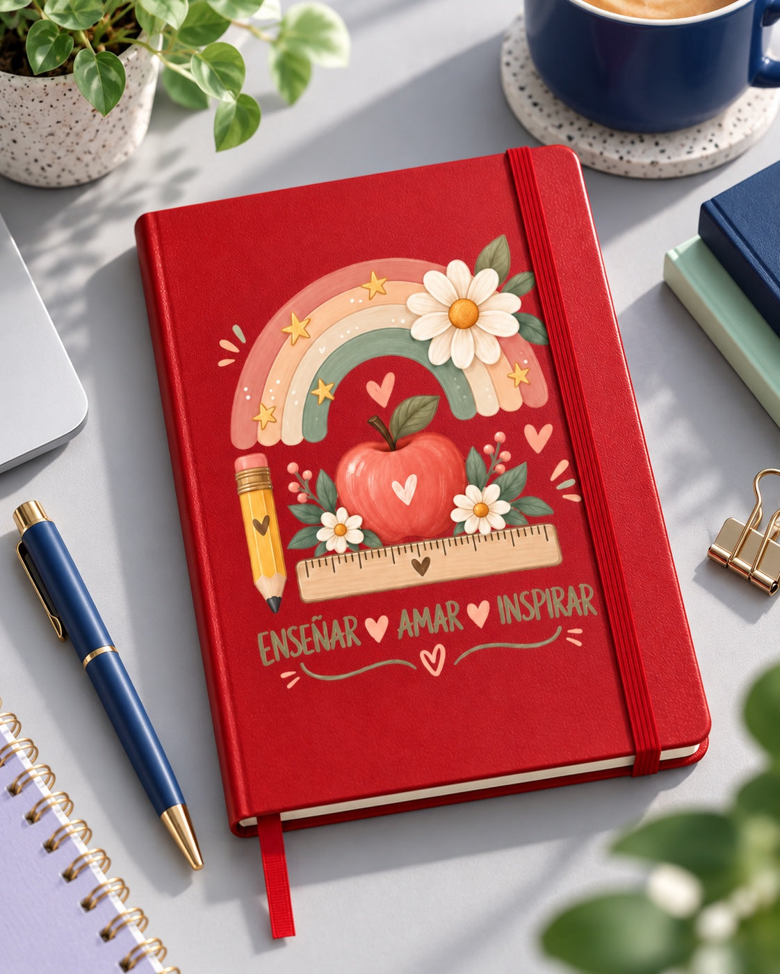 Libreta roja del Día del Profesor con el diseño Enseñar, amar, inspirar sobre un escritorio con lápiz, café y plantas