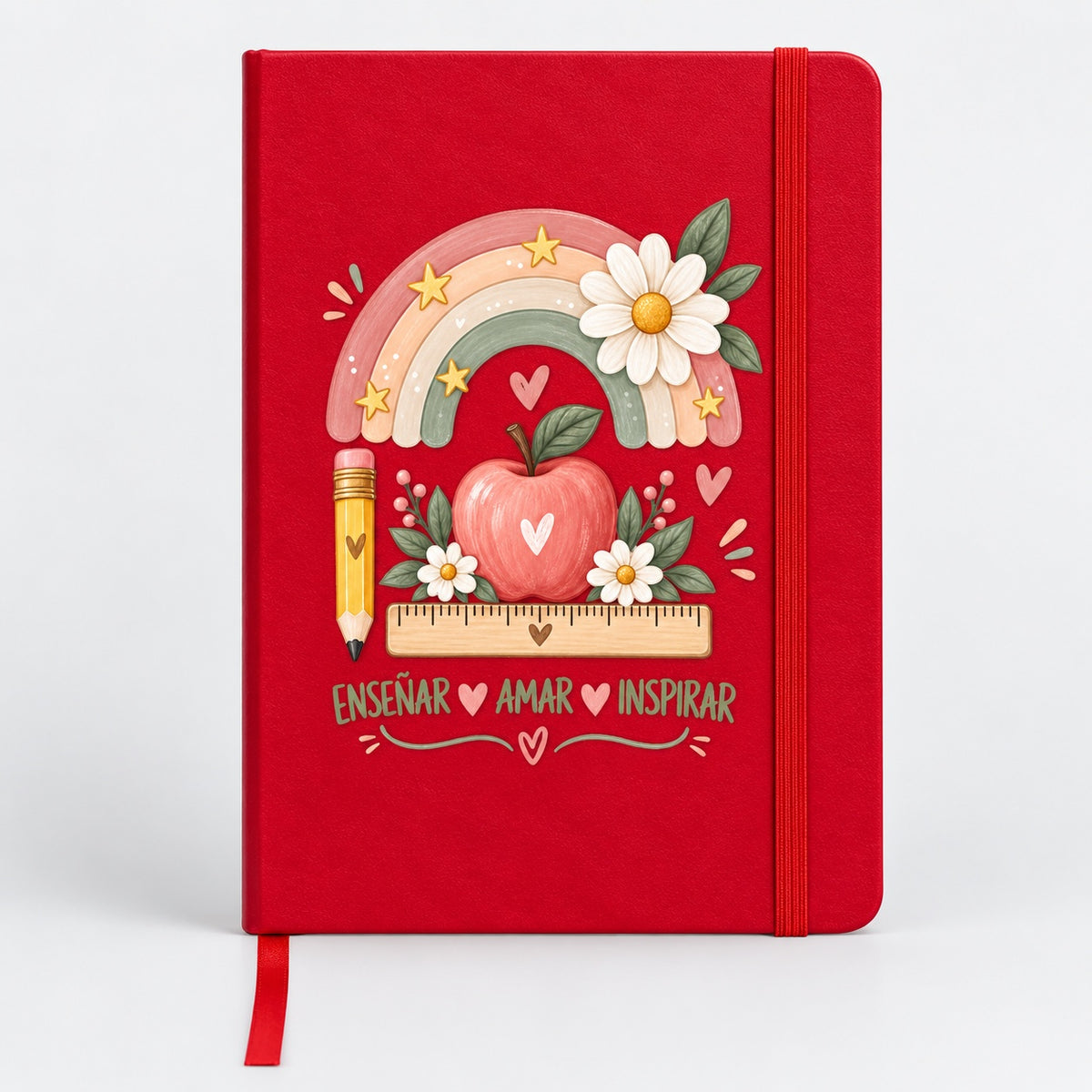 Libreta roja de tapa dura con arcoíris, manzana, lápiz y regla y la frase Enseñar, amar, inspirar
