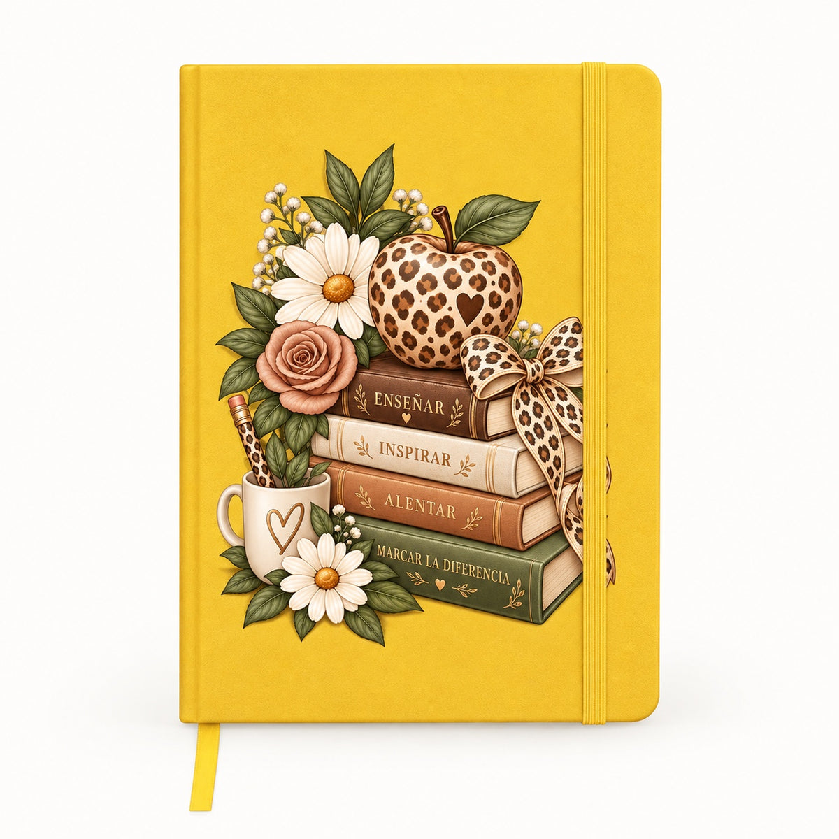Libreta amarilla de tapa dura con pila de libros Enseñar, Inspirar, Alentar, Marcar la diferencia, manzana de leopardo y flores