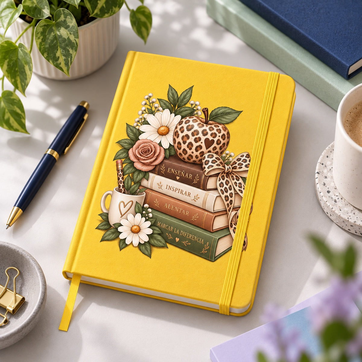 Libreta amarilla del Día del Profesor con el diseño Enseñar, inspirar, alentar sobre un escritorio con lápiz, café y plantas