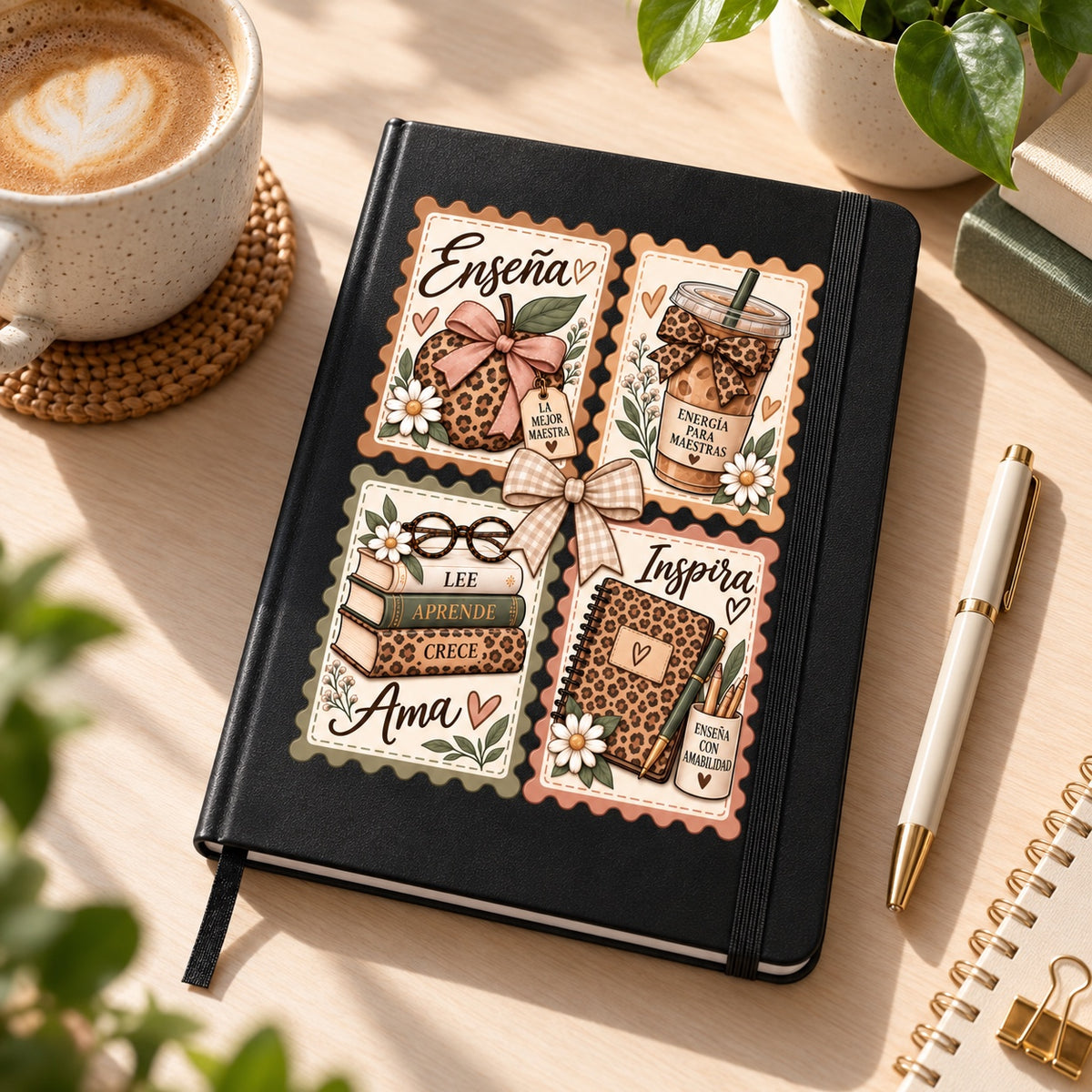 Libreta negra del Día del Profesor con las cuatro estampillas de leopardo, en un escritorio con café, lápiz y plantas