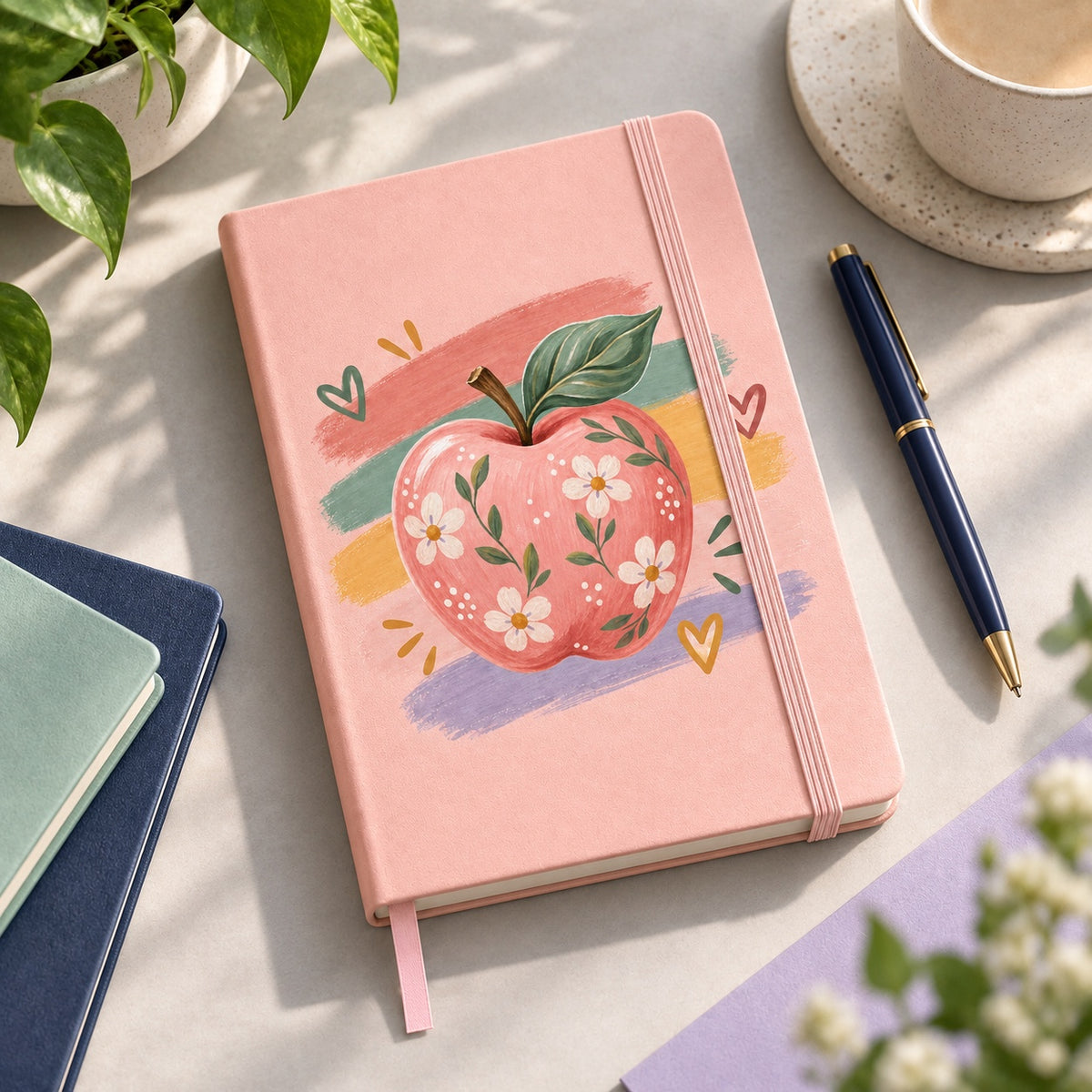 Libreta rosada del Día del Profesor con la manzana floreada sobre pinceladas de colores, en un escritorio con lápiz, café y plantas