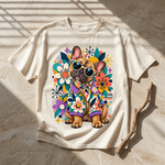 Polera crema extendida con el bulldog francés flower power estampado