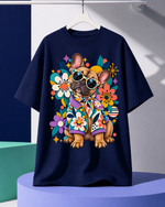Polera azul marino colgada con el bulldog francés flower power estampado