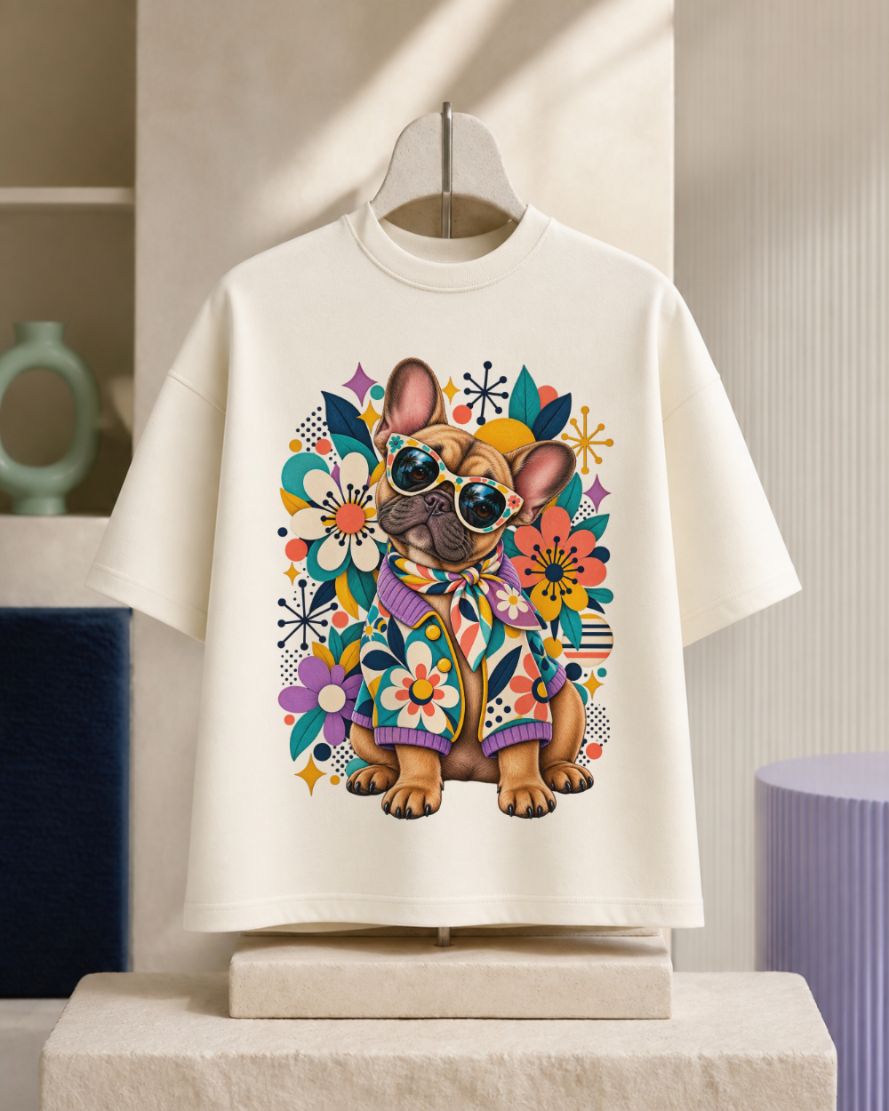 Polera crema colgada con el bulldog francés flower power estampado