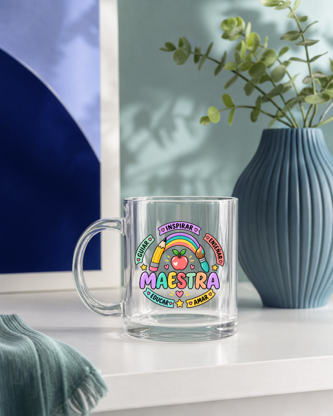 Taza de vidrio con el diseño Maestra arcoíris del Día del Profesor