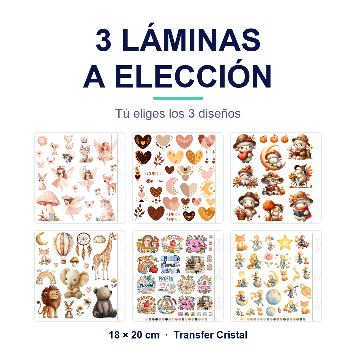 3 láminas de Transfer Cristal a elección, 18 × 20 cm: tú eliges los tres diseños