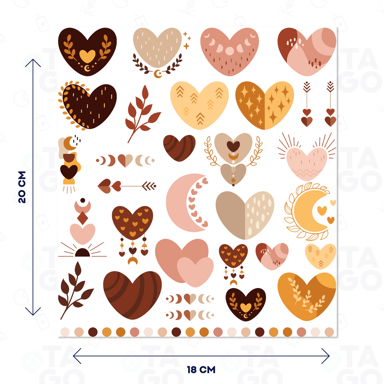 Transfer Cristal diseño Corazones Boho, lámina de 18 x 20 cm
