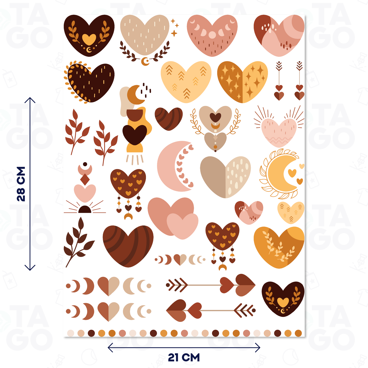 Lámina DTF Textil diseño Corazones Boho, 21 x 28 cm