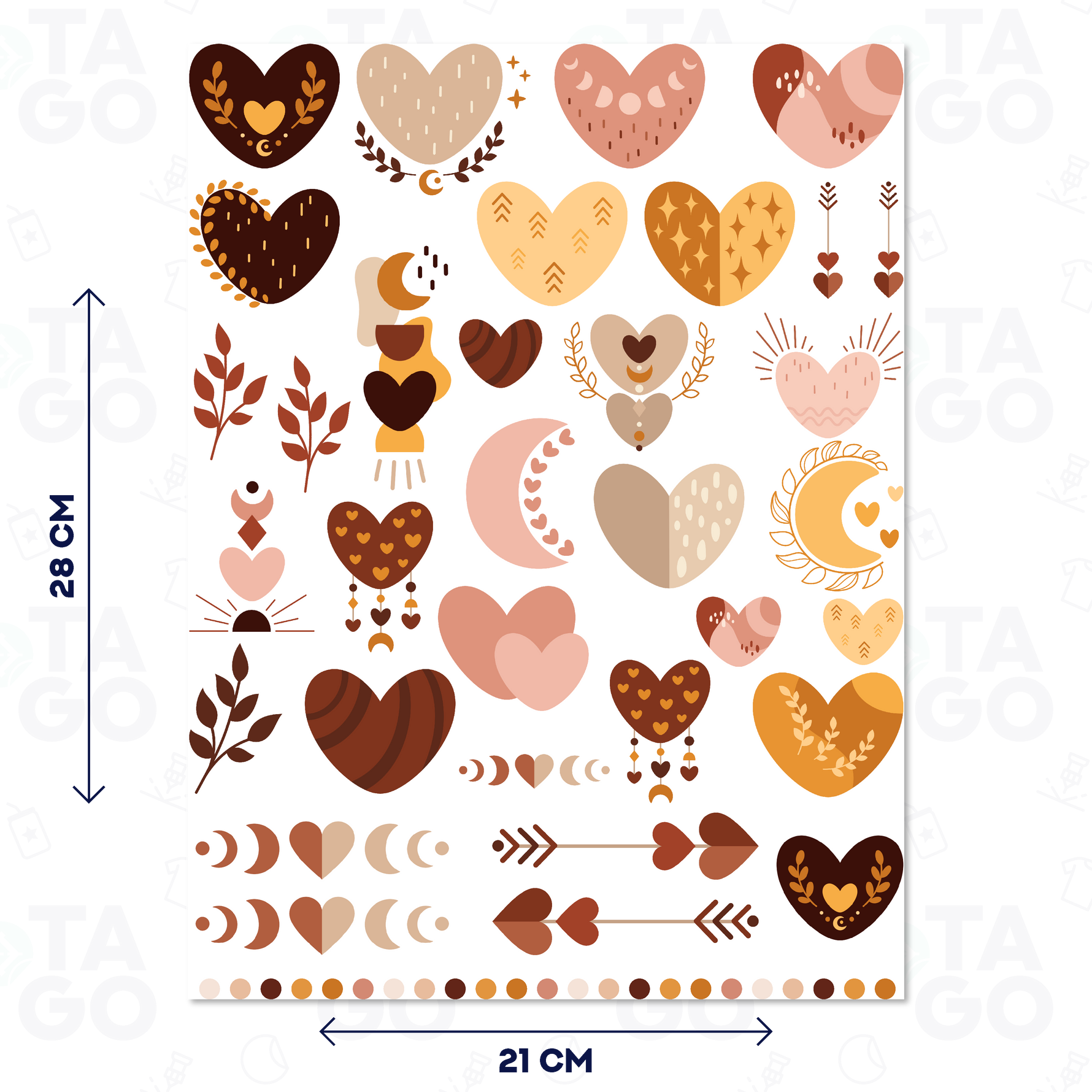 Lámina DTF Textil diseño Corazones Boho, 21 x 28 cm