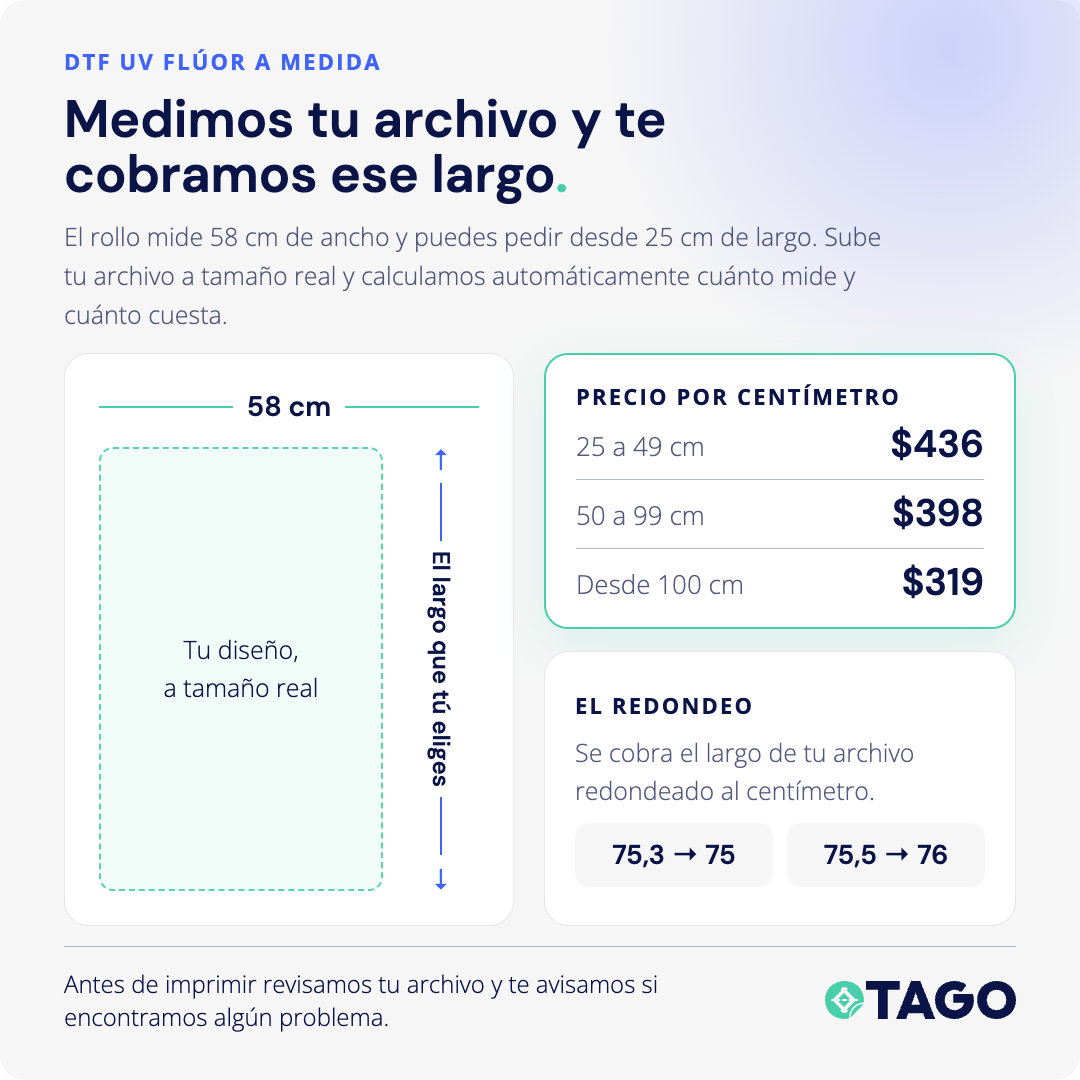 DTF UV Flúor a medida: medimos tu archivo y te cobramos ese largo, por centímetro