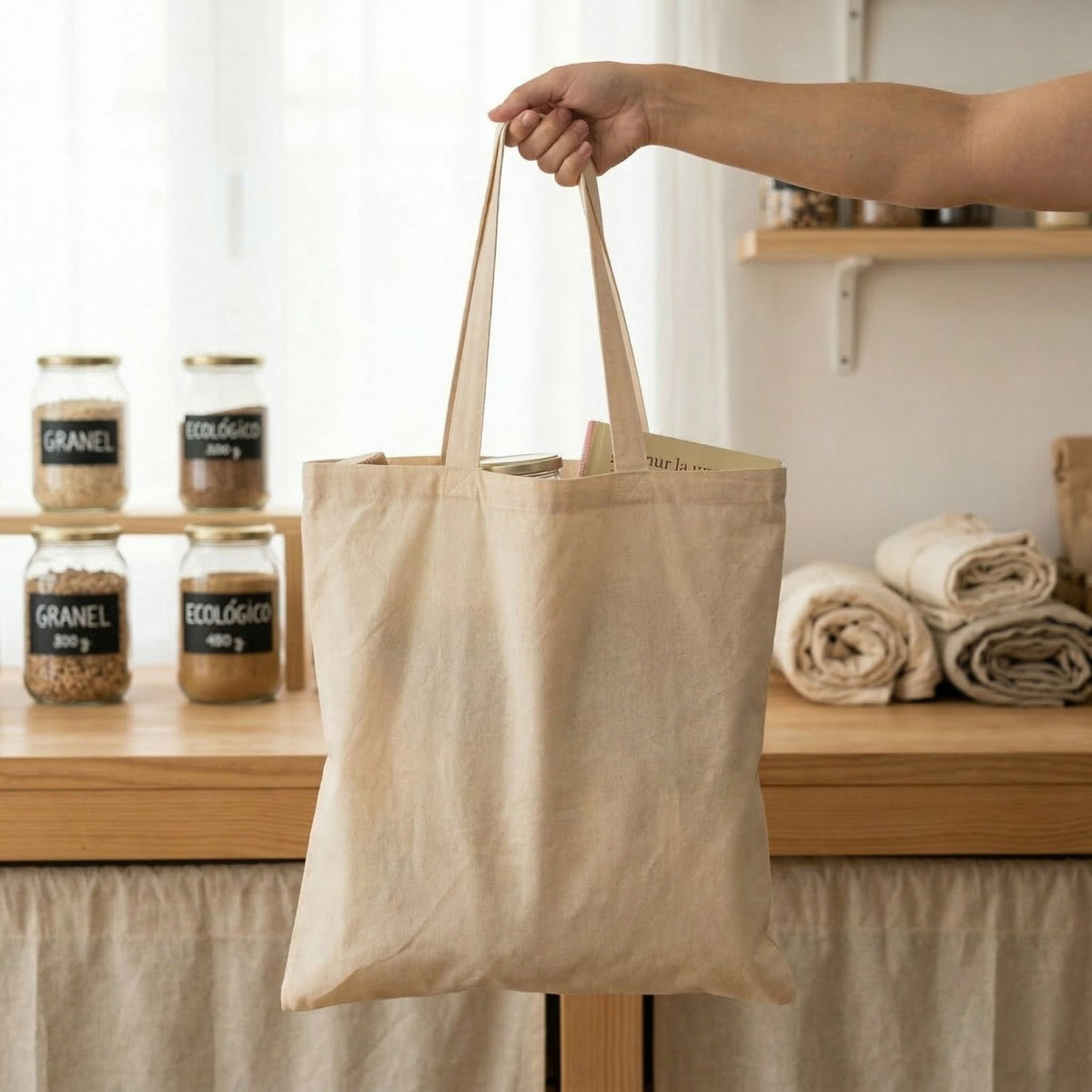 Tote bag de algodón natural en uso