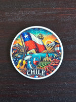 Imán circular con una escena de Chile y la bandera al centro