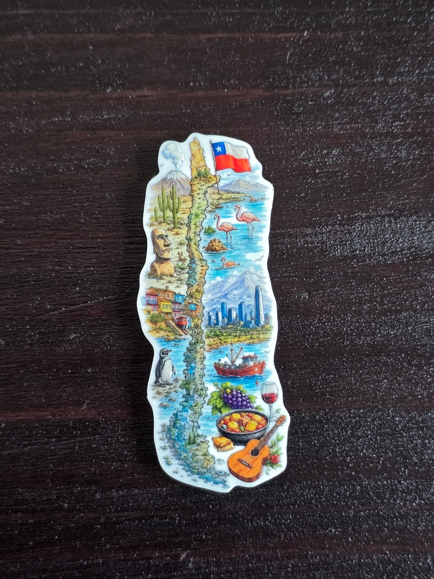 Imán con la forma del mapa de Chile ilustrado de norte a sur