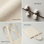 Detalles del tote bag: algodón de 170 g, asas de 65 × 2,5 cm, personalizable