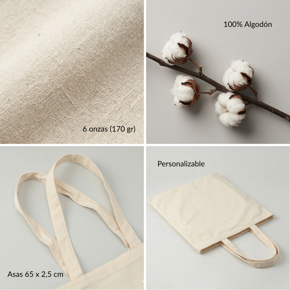 Detalles del tote bag: algodón de 170 g, asas de 65 × 2,5 cm, personalizable