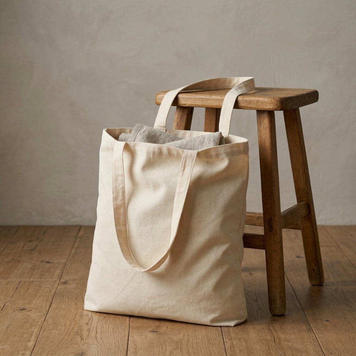 Tote bag de algodón natural apoyado en un piso de madera