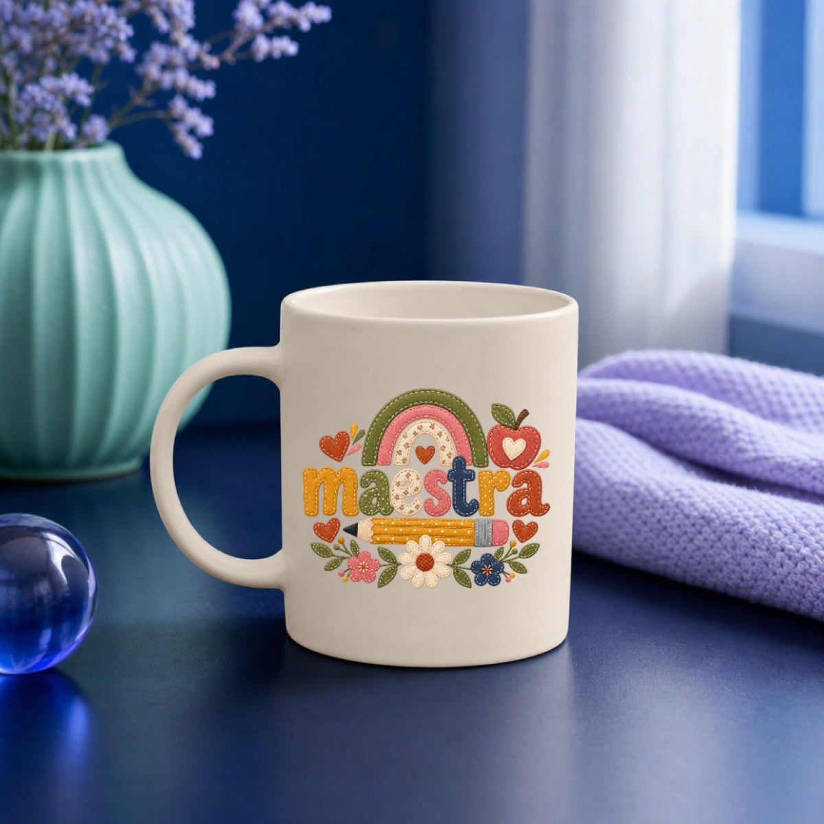 Taza con el sticker Maestra bordado con arcoíris, manzana y flores